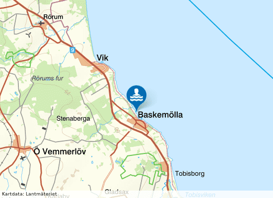 Baskemöllas badplats på kartan