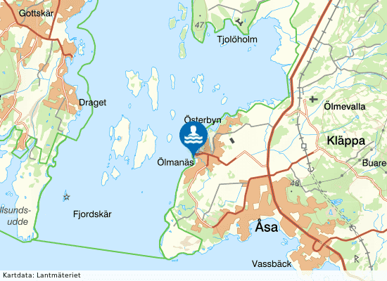 Gårda Brygga, södra sidan med sandstrand på kartan
